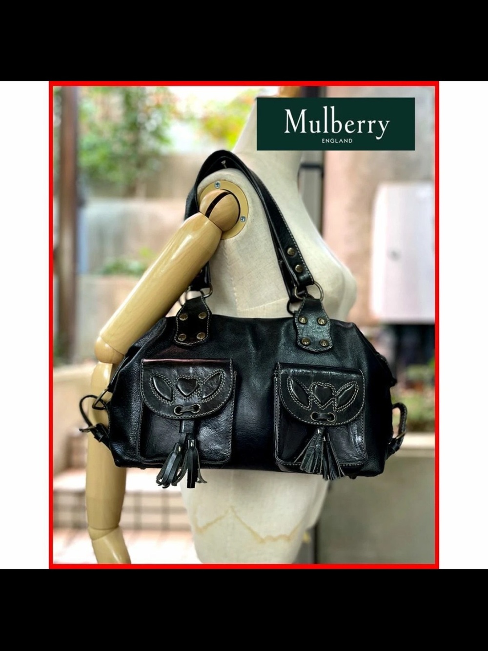 Mulberry Black Leather Twin-Pocket Shoulder Bag with Tassels